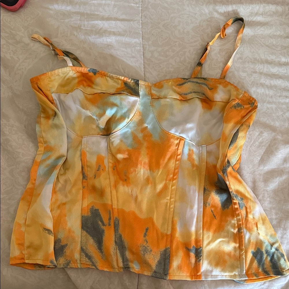 PrettyLittleThing Orange and Cream Tie-Dye Satin Bustier Cami